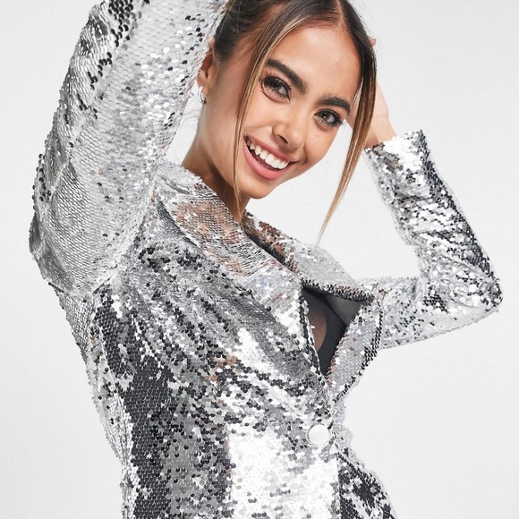 ASOS Miss Selfridge sequin blazer in silver - Picture 4 of 5